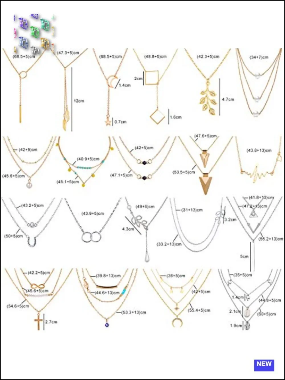 20 Pendant Necklaces, Gold and Silver, Alloy, Fashion Jewelry Set